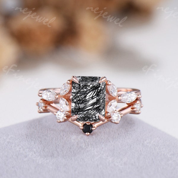 Retro Emerald cut black rutilated quartz engagement ring set Vintage Marquise Cut Moissanite Diamond Wedding set art deco spinel bridal Set