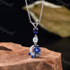 5mm round shaped Lab Star Sapphire moon pendant Cute white gold Cluster settings Moisssanite Necklace Dainty Sapphire Necklace Proposal gift