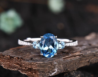 Swiss Blue Topaz Ring, Oval Topaz Engagement Ring, December Birthstone Ring, 14K White Gold Rings, Gemstone Ring, Blue Ring, Promise Ring