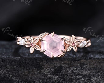 Nature Inspired rose quartz engagement ring set vintage floral hexagon pink crystal eose gold wedding ring set unique bridal set for women