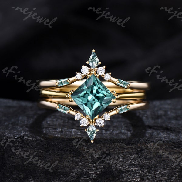 Princess cut green sapphire ring set vintage green teal sapphire  engagement ring set yellow gold dainty unique anniversary wedding gift