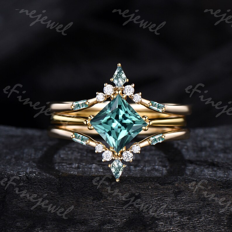 Princess Cut Green Sapphire Ring Set Vintage Green Teal - Etsy