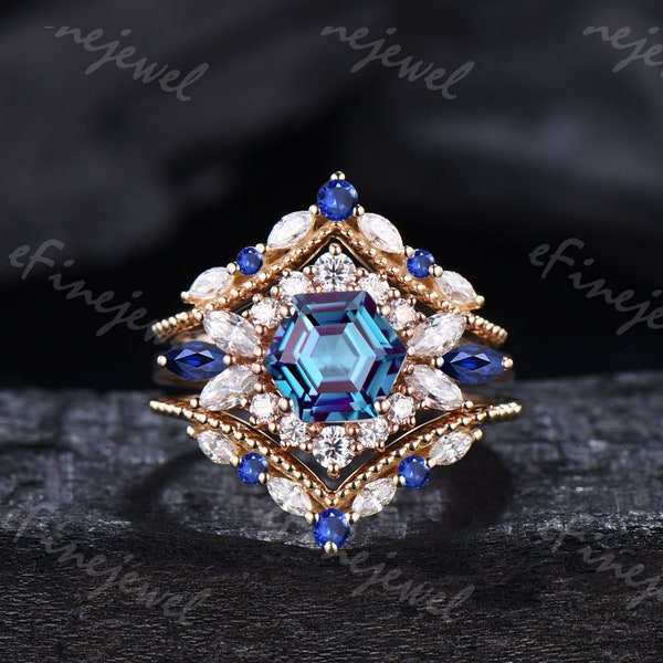 Vintage alexandrite sapphire ring set hexagon color change engagement ring set halo moissanite wedding ring set women unique bridal ring set