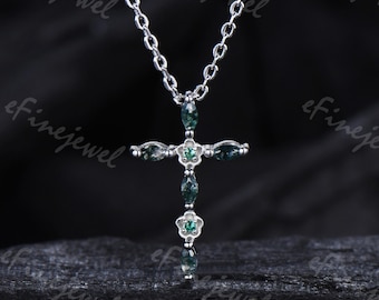 Unique moss agate pendant flower emerald necklace marquise cross green agate pendant necklace handmade proposal gifts for women