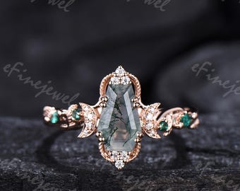 Vintage coffin moss agate quartz engagement ring unique natural inspired green agate moon wedding ring art deco proposal gift for women