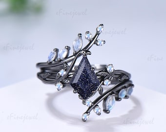 Unique kite cut blue sandstone leaf engagement ring set twig nature inspired 14k white gold moonstone enhancer wedding ring band for women