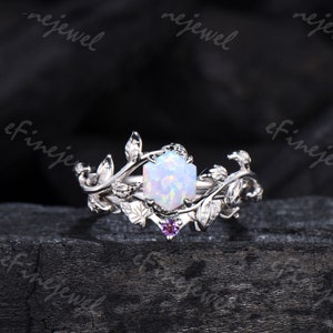 Natürlicher inspirierter Feueropal-Verlobungsring Einzigartiges Hexagon-Schliff weißer Opal Blatt-Verlobungsring Amethyst-Stacking-Band-Zweig-Brautring-Set