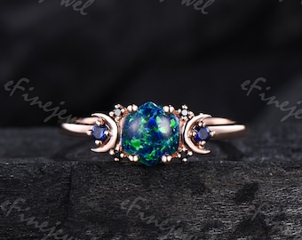 Crescent moon black opal ring for women cluster sapphire blue opal engagement ring silver rose gold spinel anniversary promise ring gift