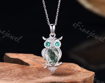 Moss Agate Owl Necklace, White Gold Emerald Wedding Pendant
