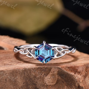 Norse Viking Hexagon Alexandrite Engagement ring Celtic Knot Color change Cluster White Gold Wedding Ring Unique Infinity Anniversary Ring