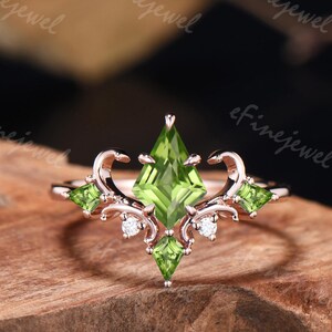 Peridot Art Deco Wedding Ring Unique Kite Cut Natural Peridot Engagement Ring Moissanite Accent Rose Gold Ring Anniversary Gifts For Women