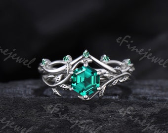 Hexagon Cut Emerald Wedding Ring Set Nature Inspired Emerald Engagement Ring Leaf Vine Set Unique Branch Solitaire Wedding Anniversary Gifts