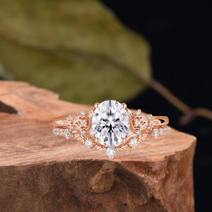 Unique Floral Leaf Nature Inspired Wedding Ring Set Oval Cut Diamond Moissanite Engagement Ring Set 14k Rose Gold 2pcs Bridal Ring Set Women