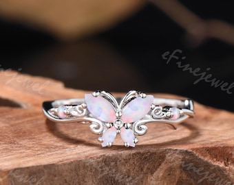 Unique Marquise Cut White Opal Butterfly Engagement Ring Delicate White Gold Opal Nature Inspired Wedding Ring Anniversary Gifts For Women