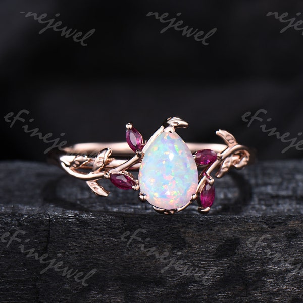 Nature Inspired Pear Shaped Opal Engagement Ring Set Silver Rose Gold Branch Leaf Opal Ruby Wedding Ring Stacking Band Bridal Ring For Women