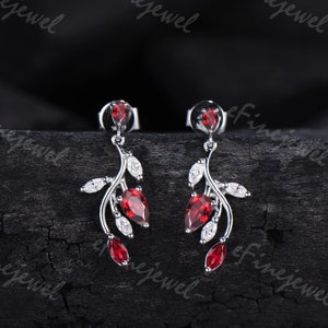 Nature Inspired Ruby Drop Earrings, Unique pear lab red ruby earring , marquise ruby moissanite Leaf Branch Dangle floral Earrings Gift