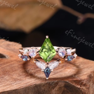 Unique Kite Shaped Natural Peridot Engagement Ring Moonstone Opal Rose Gold Ring Alexandrite Ctirine Mixed Cut Bridal Set Anniversary Gifts