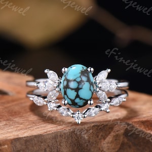 Delicate oval turquoise engagement ring Vintage marquise cut moissanite bridal set art deco diamond wedding ring anniversary stacking ring