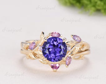 Vintage moon purple sapphire engagement ring set marquise branch nature Inspired purple gemstone wedding set Leaf vine bridal set for women
