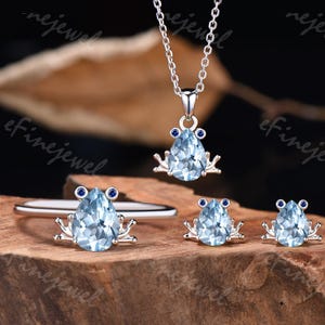 Birnenschliff Aquamarin Frosch Ring, März Birthstone Halskette, Ohrstecker Set