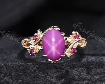 Natural Inspired Leaf pink star sapphire engagement ring cluster sapphire galaxy ring women unique twig ruby wedding ring proposal gift