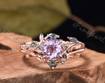 Vintage moon Lavender Amethyst engagement ring set marquise moss agate Nature Inspired purple crystal Wedding set Twig Leaf Vine bridal set