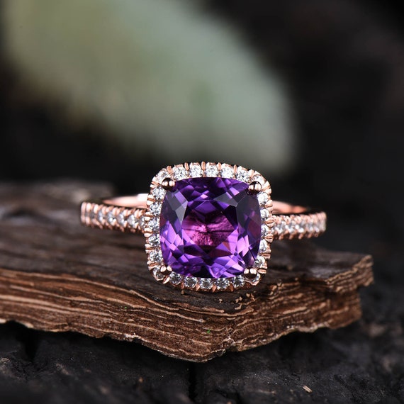 Cushion Cut Amethyst Engagement Ring 10K Rose Gold Full Halo Ring