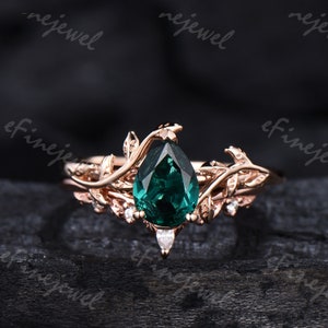 Pear Emerald Ring Set - Nature Inspired Leaf Vine, Anniversary Gift