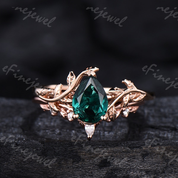 Pear Shaped Emerald Ring Set Nature Inspired Engagement Ring Leaf Vine Ring Set Unique Branch Solitaire Ring Women Wedding Anniversary Gifts