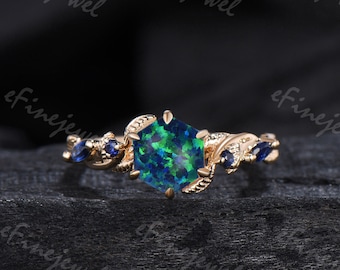 Natural Inspired blue opal engagement ring Crescent moon black opal ring cluster sapphire 14k yellow gold leaf anniversary promise ring gift