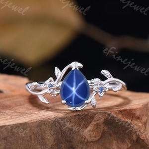 Unique Inspired star sapphire engagement ring/White gold flower galaxy twig band/cluster sapphire wedding ring anniversary gift for woman