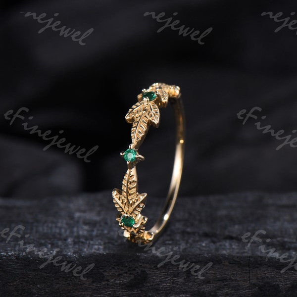 Nature inspired emerald wedding band leaf vine may birthstone wedding ring bridal matching stacking ring yellow gold anniversary women gift