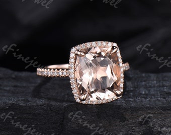 Anello di fidanzamento in morganite con taglio a cuscino allungato 12x10mm anello di fidanzamento in morganite con diamante rosa aureola Unico regalo fatto a mano per le donne