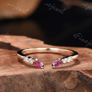 Marquise Ruby Wedding Ring, Vintage Moissanite Rose Gold Band