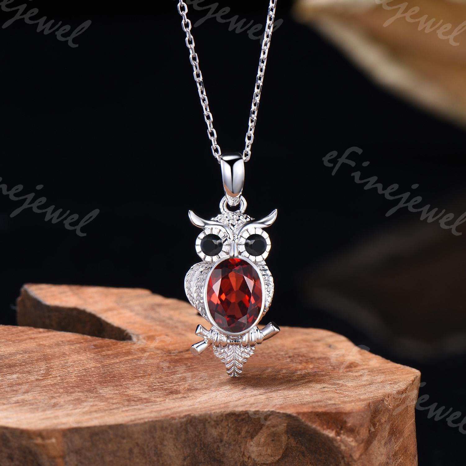 Unique Oval Cut Natural Red Garnet Owl Necklace Delicate 14K 18K White Gold Black Spinel Nature Insp