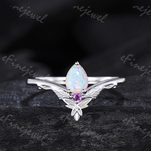 Dainty Pear Shaped Opal Engagement Ring Leaf Vine Nature Inspired Opal Amethyst Ring Set Unique Ivy League Promise Ring Anniversary Gifts