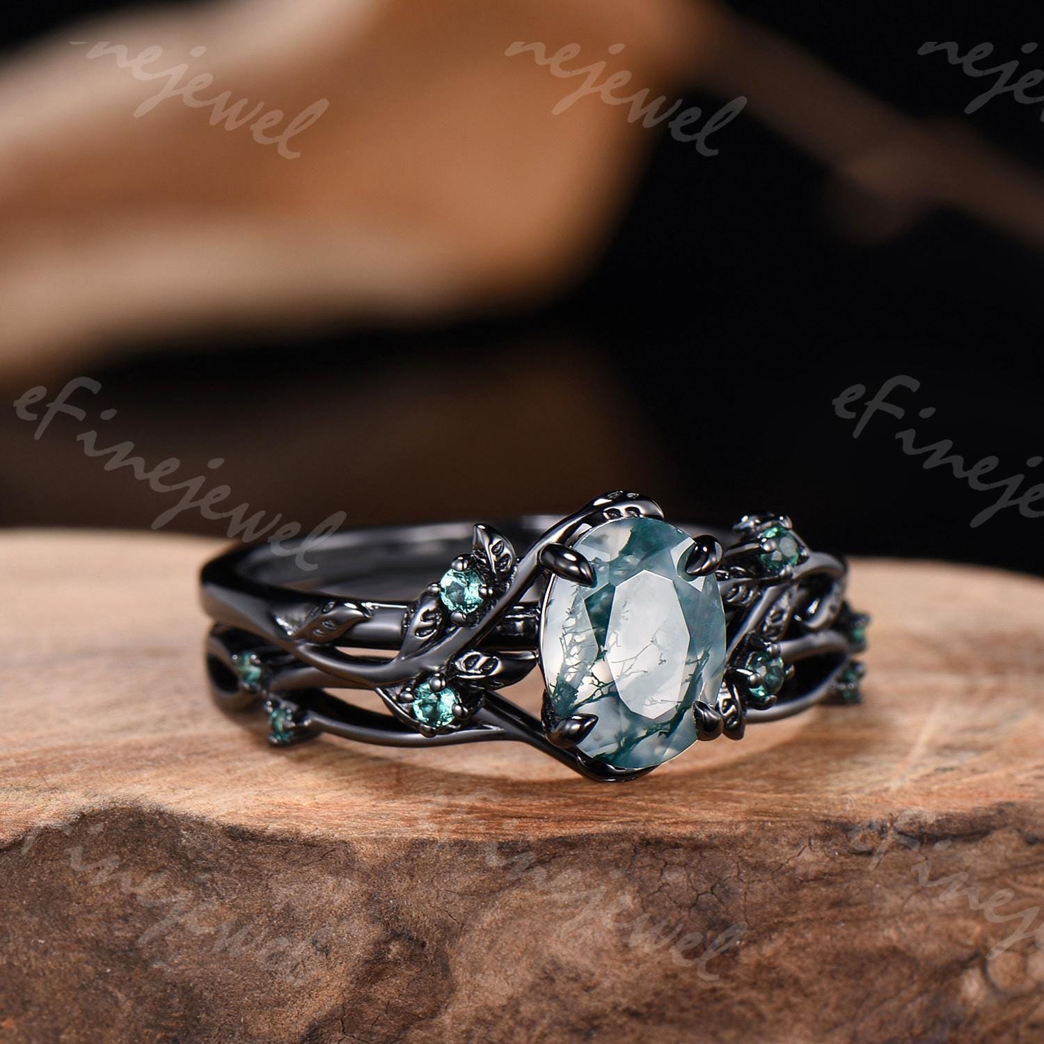 Black Gold Moss Agate Ring Set, Emerald Vine Bridal Jewelry - Etsy