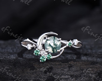 Dainty moss agate ring 5mm round green agate moon engagement ring moss star wedding ring for women unique handmade proposal gifts for women