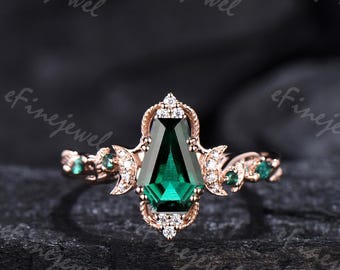 Vintage coffin emerald engagement ring unique natural inspired May birthstone moon wedding ring art deco lab emerald proposal gift for mom
