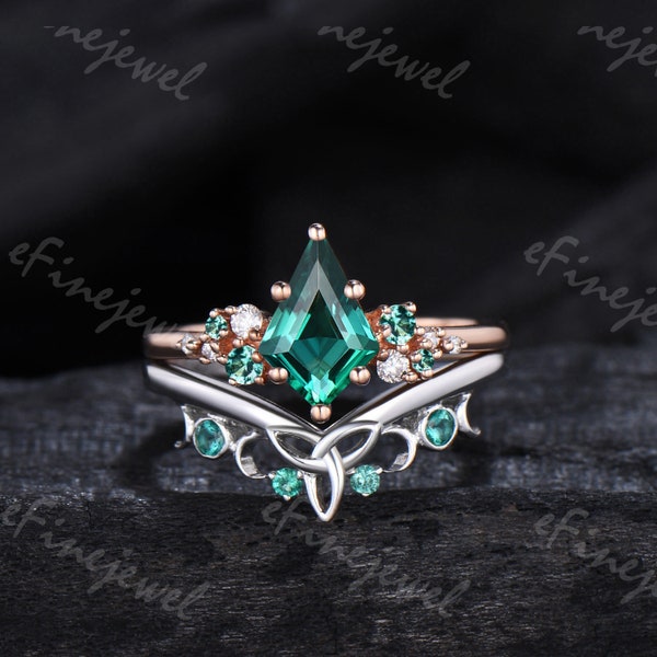 Vintage kite cut emerald engagement ring set cluster emerald moissanite wedding ring set Norse Viking bridal set for women leaf promise ring