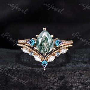 Bague de fiançailles en agate mousse naturelle taillée en poire de 1,25 CT, ensemble de bagues de mariage en alexandrite et moissanite à changement de couleur, cadeaux d&#39;anniversaire pour les femmes