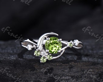 Dainty peridot ring 5mm round peridot moon engagement ring art deco star wedding ring for women unique handmade proposal gifts for daughter