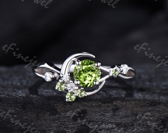 Dainty 5mm Peridot Moon Ring, Art Deco Star Engagement Ring