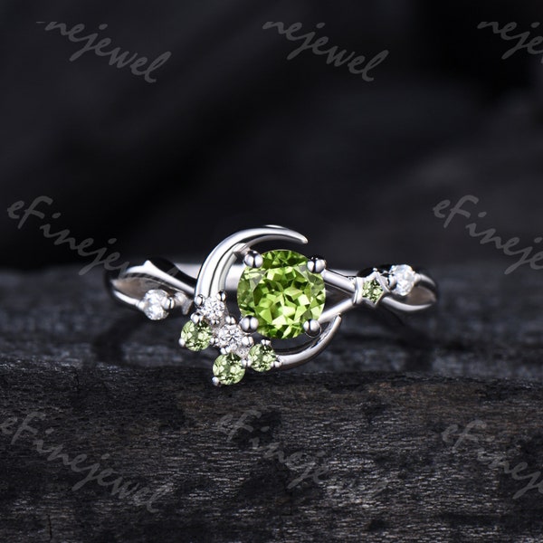 Dainty peridot ring 5mm round peridot moon engagement ring art deco star wedding ring for women unique handmade proposal gifts for daughter