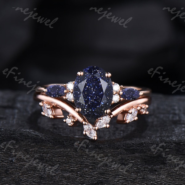 1.5CT Oval Blue Sandstone Engagement Ring Set Vintage Marquise Blue Goldstone Wedding Ring Set Rose Gold Handmade Proposal Gifts for Women