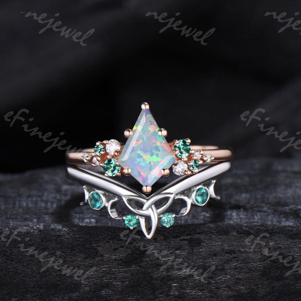 Vintage kite cut opal emerald engagement ring set snowdrift moissanite wedding ring set Norse Viking bridal set for women Retro promise ring