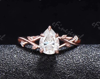 1.25CT Pear Shaped Moissanite Engagement Ring Rose Gold Nature Inspired Moissanite Wedding Ring leaf branch Handmade Proposal Gift for Women