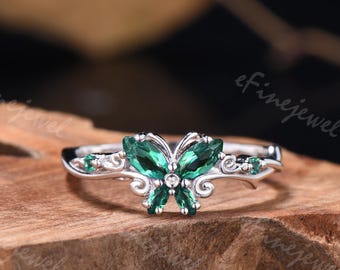 Marquise Emerald Butterfly Engagement Ring, Nature Inspired 14k White Gold