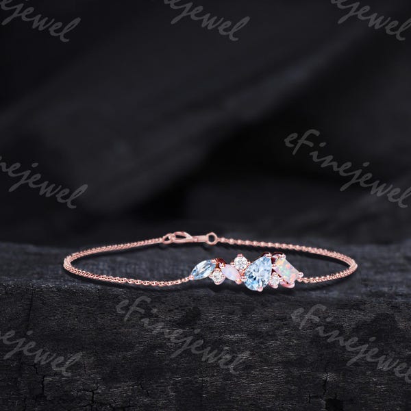 Vintage Rose Gold Aquamarin Armband, Opal & Moissanit Jahrestag Geschenk