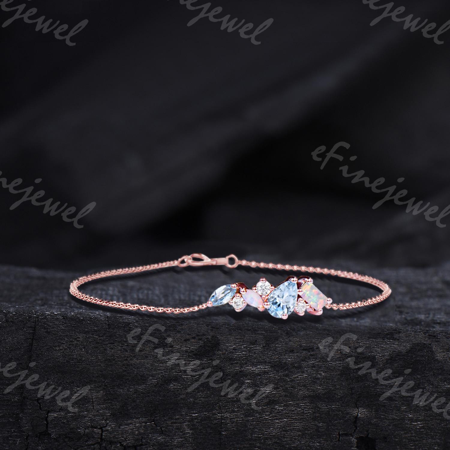 Vintage Pear Shaped Aquamarine Bracelet Multi-Stone Baguette Fire Opal Moissanite Bracelet Rose Gold Minimalist Anniversary Gift for Women